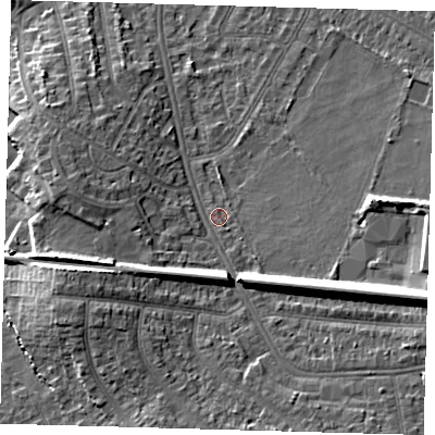 Shaded relief map of the ground around BR33QU, computed from Environment Agency LiDAR. The ground here sits at about 38 m above sea level and falls 16 m across the surrounding 800 m. Surface water reaching this point runs off ground lying to the south-south-east, 7.9 m higher.