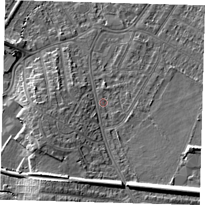 Shaded relief map of the ground around BR33QX, computed from Environment Agency LiDAR. The ground here sits at about 36 m above sea level and falls 17 m across the surrounding 800 m. Surface water reaching this point runs off ground lying to the south-south-east, 10.7 m higher.