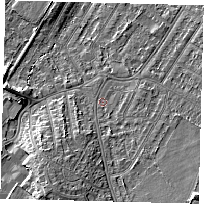 Shaded relief map of the ground around BR33QY, computed from Environment Agency LiDAR. The ground here sits at about 34 m above sea level and falls 12 m across the surrounding 800 m. Surface water reaching this point runs off ground lying to the south-south-east, 4.0 m higher.