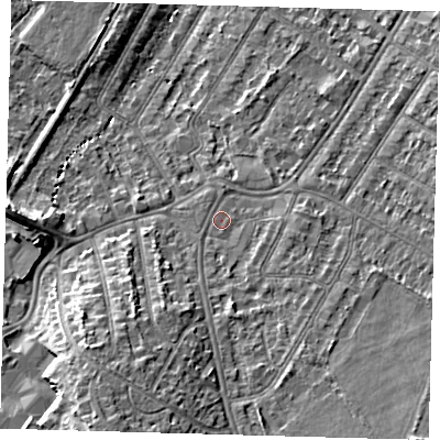 Shaded relief map of the ground around BR33QZ, computed from Environment Agency LiDAR. The ground here sits at about 34 m above sea level and falls 12 m across the surrounding 800 m. Surface water reaching this point runs off ground lying to the south-east, 4.8 m higher.