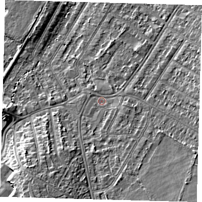 Shaded relief map of the ground around BR33RA, computed from Environment Agency LiDAR. The ground here sits at about 34 m above sea level and falls 11 m across the surrounding 800 m. Surface water reaching this point runs off ground lying to the south-south-east, 4.3 m higher.