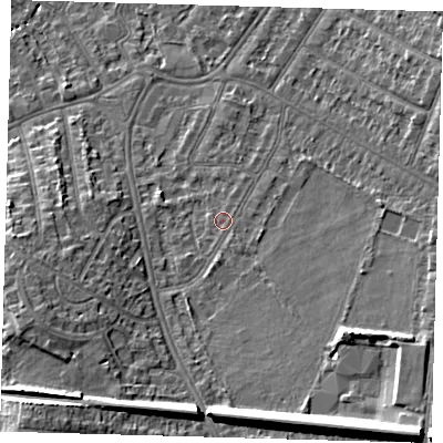 Shaded relief map of the ground around BR33RF, computed from Environment Agency LiDAR. The ground here sits at about 36 m above sea level and falls 19 m across the surrounding 800 m. Surface water reaching this point runs off ground lying to the south-south-east, 1.0 m higher.