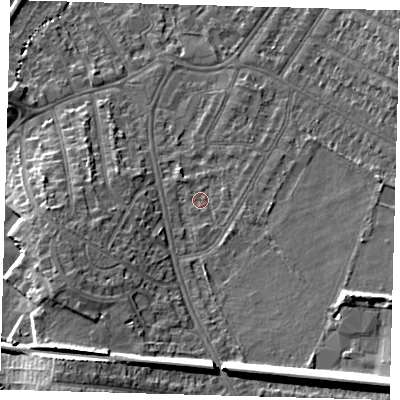 Shaded relief map of the ground around BR33RH, computed from Environment Agency LiDAR. The ground here sits at about 35 m above sea level and falls 18 m across the surrounding 800 m. Surface water reaching this point runs off ground lying to the south-east, 13.0 m higher.