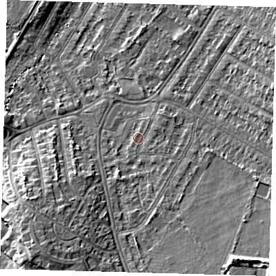 Shaded relief map of the ground around BR33RQ, computed from Environment Agency LiDAR. The ground here sits at about 35 m above sea level and falls 12 m across the surrounding 800 m. Surface water reaching this point runs off ground lying to the south-east, 1.4 m higher.