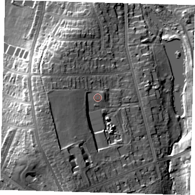 Shaded relief map of the ground around BR33SJ, computed from Environment Agency LiDAR. The ground here sits at about 48 m above sea level and falls 23 m across the surrounding 800 m. Surface water reaching this point runs off ground lying to the west-south-west, 1.8 m higher.