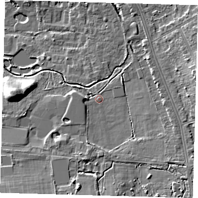Shaded relief map of the ground around BR33SS, computed from Environment Agency LiDAR. The ground here sits at about 50 m above sea level and falls 14 m across the surrounding 800 m. Surface water reaching this point runs off ground lying to the south-south-west, 6.7 m higher.