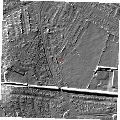 Shaded relief map of the ground around BR33TJ, computed from Environment Agency LiDAR. The ground here sits at about 37 m above sea level and falls 17 m across the surrounding 800 m. Surface water reaching this point runs off ground lying to the south-south-east, 9.4 m higher.