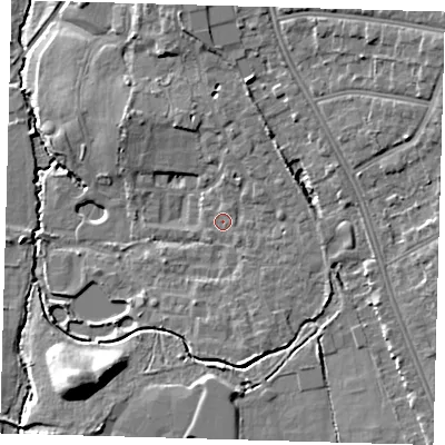 Shaded relief map of the ground around BR33XG, computed from Environment Agency LiDAR. The ground here sits at about 48 m above sea level and falls 14 m across the surrounding 800 m. Surface water reaching this point runs off ground lying to the north-east, 7.4 m higher.