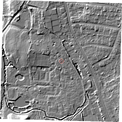 Shaded relief map of the ground around BR33XL, computed from Environment Agency LiDAR. The ground here sits at about 50 m above sea level and falls 15 m across the surrounding 800 m. Surface water reaching this point runs off ground lying to the north-north-east, 1.4 m higher.
