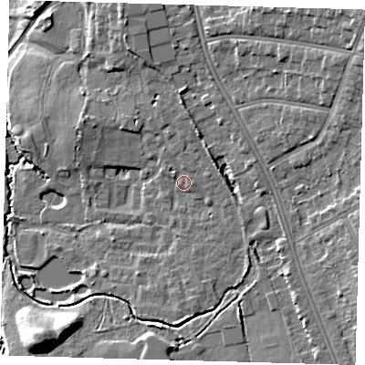 Shaded relief map of the ground around BR33XN, computed from Environment Agency LiDAR. The ground here sits at about 49 m above sea level and falls 14 m across the surrounding 800 m. Surface water reaching this point runs off ground lying to the north, 1.2 m higher.