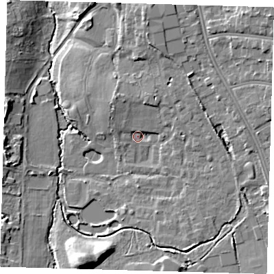 Shaded relief map of the ground around BR33XS, computed from Environment Agency LiDAR. The ground here sits at about 47 m above sea level and falls 15 m across the surrounding 800 m. Surface water reaching this point runs off ground lying to the north-north-west, 4.0 m higher.