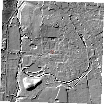 Shaded relief map of the ground around BR33XU, computed from Environment Agency LiDAR. The ground here sits at about 48 m above sea level and falls 14 m across the surrounding 800 m. Surface water reaching this point runs off ground lying to the north-east, 5.9 m higher.