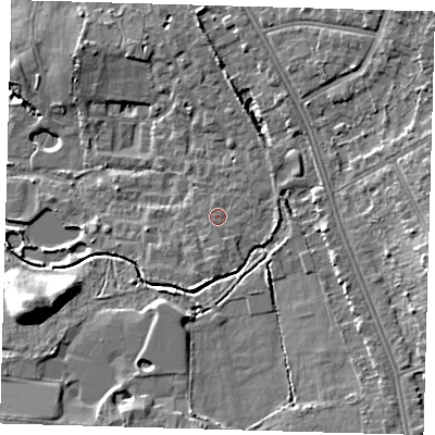 Shaded relief map of the ground around BR33XW, computed from Environment Agency LiDAR. The ground here sits at about 49 m above sea level and falls 13 m across the surrounding 800 m. Surface water reaching this point runs off ground lying to the south, 0.8 m higher.