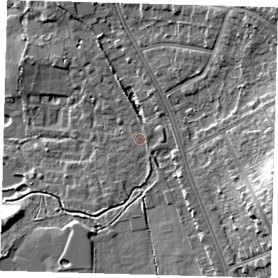 Shaded relief map of the ground around BR33XX, computed from Environment Agency LiDAR. The ground here sits at about 49 m above sea level and falls 15 m across the surrounding 800 m. Surface water reaching this point runs off ground lying to the east-south-east, 10.9 m higher.