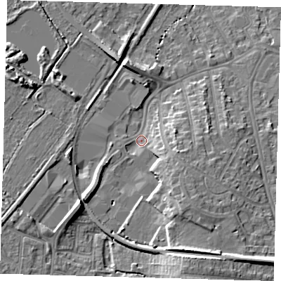 Shaded relief map of the ground around BR34AA, computed from Environment Agency LiDAR. The ground here sits at about 34 m above sea level and falls 14 m across the surrounding 800 m. Surface water reaching this point runs off ground lying to the south-south-east, 10.6 m higher.