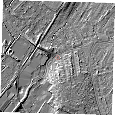 Shaded relief map of the ground around BR34AB, computed from Environment Agency LiDAR. The ground here sits at about 33 m above sea level and falls 11 m across the surrounding 800 m. Surface water reaching this point runs off ground lying to the south, 8.3 m higher.