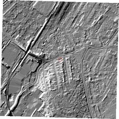 Shaded relief map of the ground around BR34AG, computed from Environment Agency LiDAR. The ground here sits at about 33 m above sea level and falls 11 m across the surrounding 800 m. Surface water reaching this point runs off ground lying to the south, 8.3 m higher.