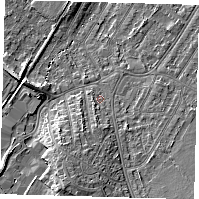 Shaded relief map of the ground around BR34AJ, computed from Environment Agency LiDAR. The ground here sits at about 34 m above sea level and falls 11 m across the surrounding 800 m. Surface water reaching this point runs off ground lying to the south, 3.5 m higher.