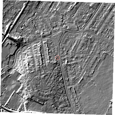 Shaded relief map of the ground around BR34AL, computed from Environment Agency LiDAR. The ground here sits at about 35 m above sea level and falls 13 m across the surrounding 800 m. Surface water reaching this point runs off ground lying to the south-west, 6.8 m higher.