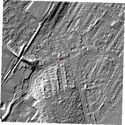 Shaded relief map of the ground around BR34AQ, computed from Environment Agency LiDAR. The ground here sits at about 33 m above sea level and falls 12 m across the surrounding 800 m. Surface water reaching this point runs off ground lying to the south, 7.6 m higher.