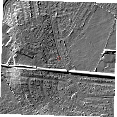 Shaded relief map of the ground around BR34AW, computed from Environment Agency LiDAR. The ground here sits at about 38 m above sea level and falls 15 m across the surrounding 800 m. Surface water reaching this point runs off ground lying to the east-south-east, 10.7 m higher.