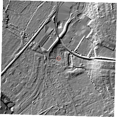 Shaded relief map of the ground around BR34BA, computed from Environment Agency LiDAR. The ground here sits at about 35 m above sea level and falls 12 m across the surrounding 800 m. Surface water reaching this point runs off ground lying to the south-west, 11.4 m higher.