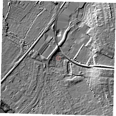 Shaded relief map of the ground around BR34BB, computed from Environment Agency LiDAR. The ground here sits at about 35 m above sea level and falls 12 m across the surrounding 800 m. Surface water reaching this point runs off ground lying to the south-west, 10.9 m higher.