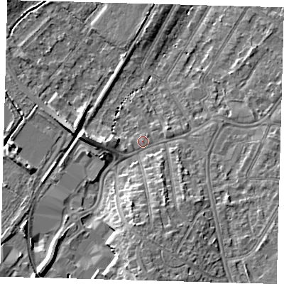 Shaded relief map of the ground around BR34BF, computed from Environment Agency LiDAR. The ground here sits at about 33 m above sea level and falls 12 m across the surrounding 800 m. Surface water reaching this point runs off ground lying to the south, 8.3 m higher.