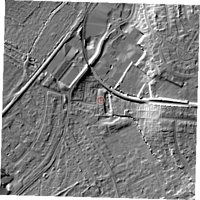 Shaded relief map of the ground around BR34BH, computed from Environment Agency LiDAR. The ground here sits at about 35 m above sea level and falls 11 m across the surrounding 800 m. Surface water reaching this point runs off ground lying to the east-south-east, 10.0 m higher.