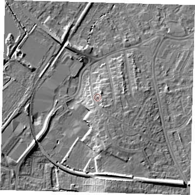 Shaded relief map of the ground around BR34BN, computed from Environment Agency LiDAR. The ground here sits at about 37 m above sea level and falls 15 m across the surrounding 800 m. Surface water reaching this point runs off ground lying to the south-south-east, 3.2 m higher.