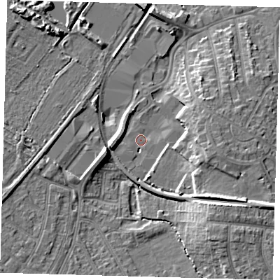 Shaded relief map of the ground around BR34BZ, computed from Environment Agency LiDAR. The ground here sits at about 35 m above sea level and falls 13 m across the surrounding 800 m. Surface water reaching this point runs off ground lying to the south-east, 10.6 m higher.