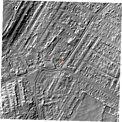 Shaded relief map of the ground around BR34DE, computed from Environment Agency LiDAR. The ground here sits at about 33 m above sea level and falls 11 m across the surrounding 800 m. Surface water reaching this point runs off ground lying to the south-west, 0.9 m higher.