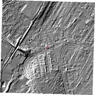 Shaded relief map of the ground around BR34DF, computed from Environment Agency LiDAR. The ground here sits at about 34 m above sea level and falls 12 m across the surrounding 800 m. Surface water reaching this point runs off ground lying to the south, 6.1 m higher.