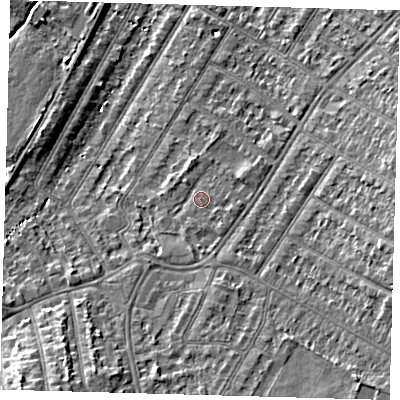 Shaded relief map of the ground around BR34DH, computed from Environment Agency LiDAR. The ground here sits at about 33 m above sea level and falls 9 m across the surrounding 800 m. Surface water reaching this point runs off ground lying to the south, 1.5 m higher.