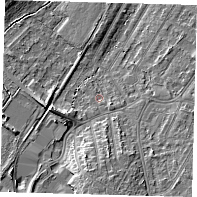 Shaded relief map of the ground around BR34DJ, computed from Environment Agency LiDAR. The ground here sits at about 32 m above sea level and falls 11 m across the surrounding 800 m. Surface water reaching this point runs off ground lying to the south, 7.9 m higher.