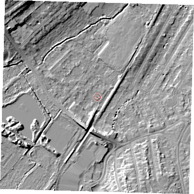 Shaded relief map of the ground around BR34DT, computed from Environment Agency LiDAR. The ground here sits at about 32 m above sea level and falls 15 m across the surrounding 800 m. Surface water reaching this point runs off ground lying to the south-south-west, 6.4 m higher.