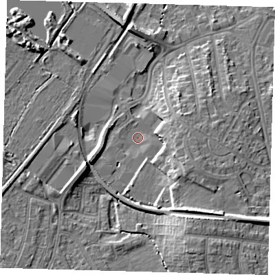 Shaded relief map of the ground around BR34DW, computed from Environment Agency LiDAR. The ground here sits at about 34 m above sea level and falls 13 m across the surrounding 800 m. Surface water reaching this point runs off ground lying to the east-south-east, 6.8 m higher.