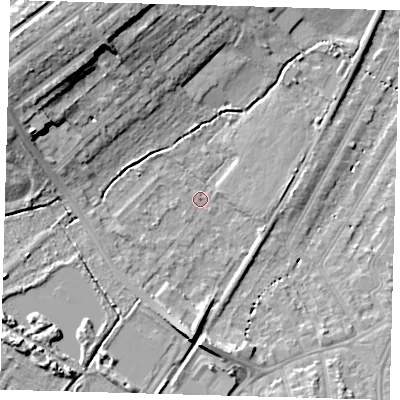 Shaded relief map of the ground around BR34DX, computed from Environment Agency LiDAR. The ground here sits at about 32 m above sea level and falls 17 m across the surrounding 800 m. Surface water reaching this point runs off ground lying to the south, 7.0 m higher.