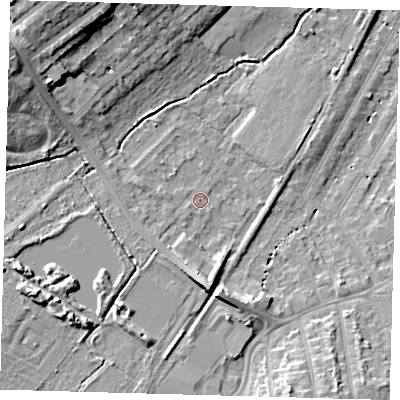 Shaded relief map of the ground around BR34DY, computed from Environment Agency LiDAR. The ground here sits at about 32 m above sea level and falls 16 m across the surrounding 800 m. Surface water reaching this point runs off ground lying to the south-west, 1.7 m higher.
