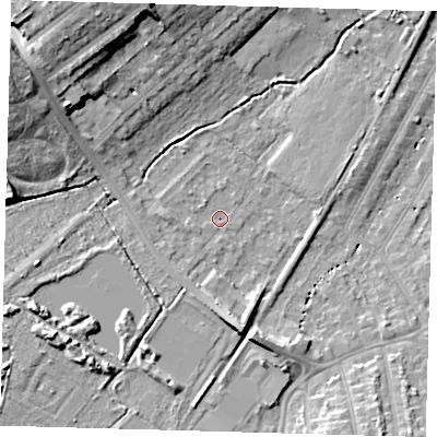 Shaded relief map of the ground around BR34DZ, computed from Environment Agency LiDAR. The ground here sits at about 32 m above sea level and falls 16 m across the surrounding 800 m. Surface water reaching this point runs off ground lying to the south-west, 1.7 m higher.