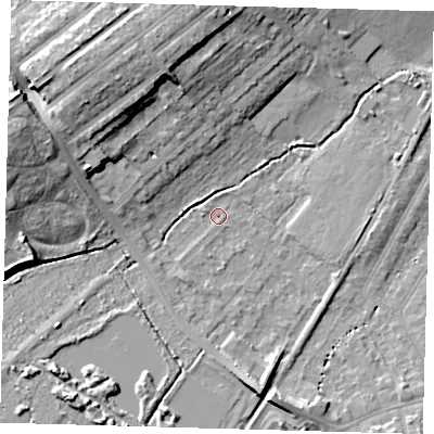 Shaded relief map of the ground around BR34ED, computed from Environment Agency LiDAR. The ground here sits at about 32 m above sea level and falls 17 m across the surrounding 800 m. Surface water reaching this point runs off ground lying to the west-north-west, 14.0 m higher.