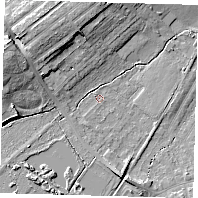 Shaded relief map of the ground around BR34EE, computed from Environment Agency LiDAR. The ground here sits at about 32 m above sea level and falls 17 m across the surrounding 800 m. Surface water reaching this point runs off ground lying to the west-north-west, 13.8 m higher.