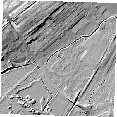 Shaded relief map of the ground around BR34EF, computed from Environment Agency LiDAR. The ground here sits at about 32 m above sea level and falls 17 m across the surrounding 800 m. Surface water reaching this point runs off ground lying to the west-north-west, 13.9 m higher.