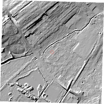 Shaded relief map of the ground around BR34EG, computed from Environment Agency LiDAR. The ground here sits at about 32 m above sea level and falls 17 m across the surrounding 800 m. Surface water reaching this point runs off ground lying to the west-north-west, 15.3 m higher.