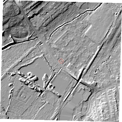 Shaded relief map of the ground around BR34EJ, computed from Environment Agency LiDAR. The ground here sits at about 33 m above sea level and falls 17 m across the surrounding 800 m. Surface water reaching this point runs off ground lying to the south-south-west, 1.1 m higher.