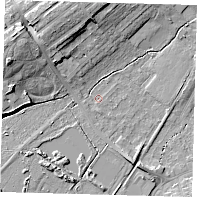 Shaded relief map of the ground around BR34EN, computed from Environment Agency LiDAR. The ground here sits at about 33 m above sea level and falls 17 m across the surrounding 800 m. Surface water reaching this point runs off ground lying to the west-north-west, 15.5 m higher.