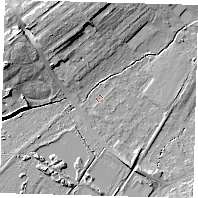 Shaded relief map of the ground around BR34EQ, computed from Environment Agency LiDAR. The ground here sits at about 32 m above sea level and falls 17 m across the surrounding 800 m. Surface water reaching this point runs off ground lying to the west-north-west, 15.5 m higher.