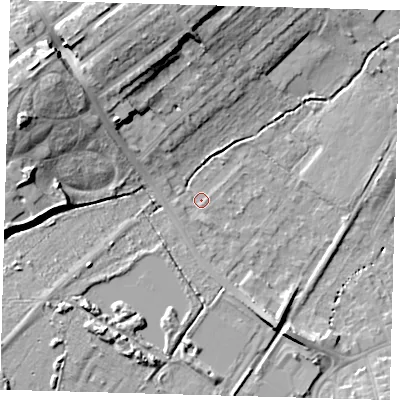 Shaded relief map of the ground around BR34EW, computed from Environment Agency LiDAR. The ground here sits at about 33 m above sea level and falls 17 m across the surrounding 800 m. Surface water reaching this point runs off ground lying to the west-north-west, 15.5 m higher.