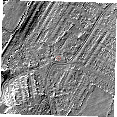 Shaded relief map of the ground around BR34FB, computed from Environment Agency LiDAR. The ground here sits at about 34 m above sea level and falls 11 m across the surrounding 800 m. Surface water reaching this point runs off ground lying to the south-south-east, 4.3 m higher.