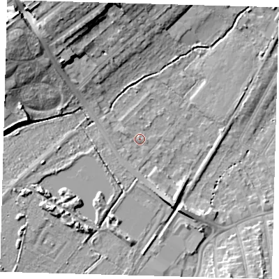 Shaded relief map of the ground around BR34FG, computed from Environment Agency LiDAR. The ground here sits at about 33 m above sea level and falls 17 m across the surrounding 800 m. Surface water reaching this point runs off ground lying to the south-south-west, 1.2 m higher.